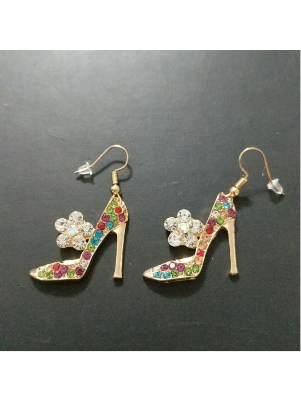 Gold Tone Rainbow Rhinestone High Heel Shoe Pump Sparkly Earrings